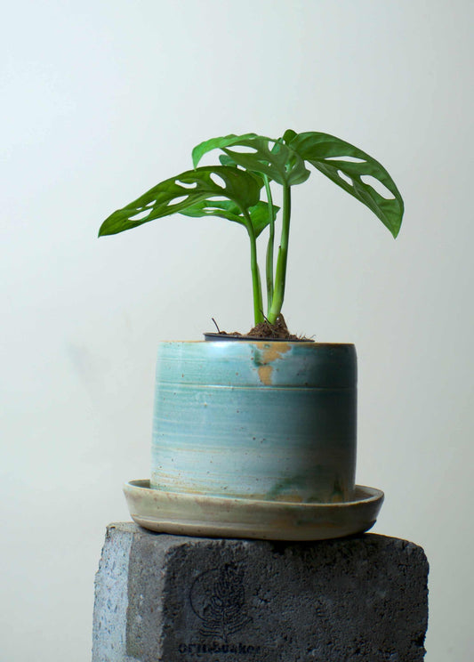 Ceramic pot with saucer | Pastel blue | Stoneware clay